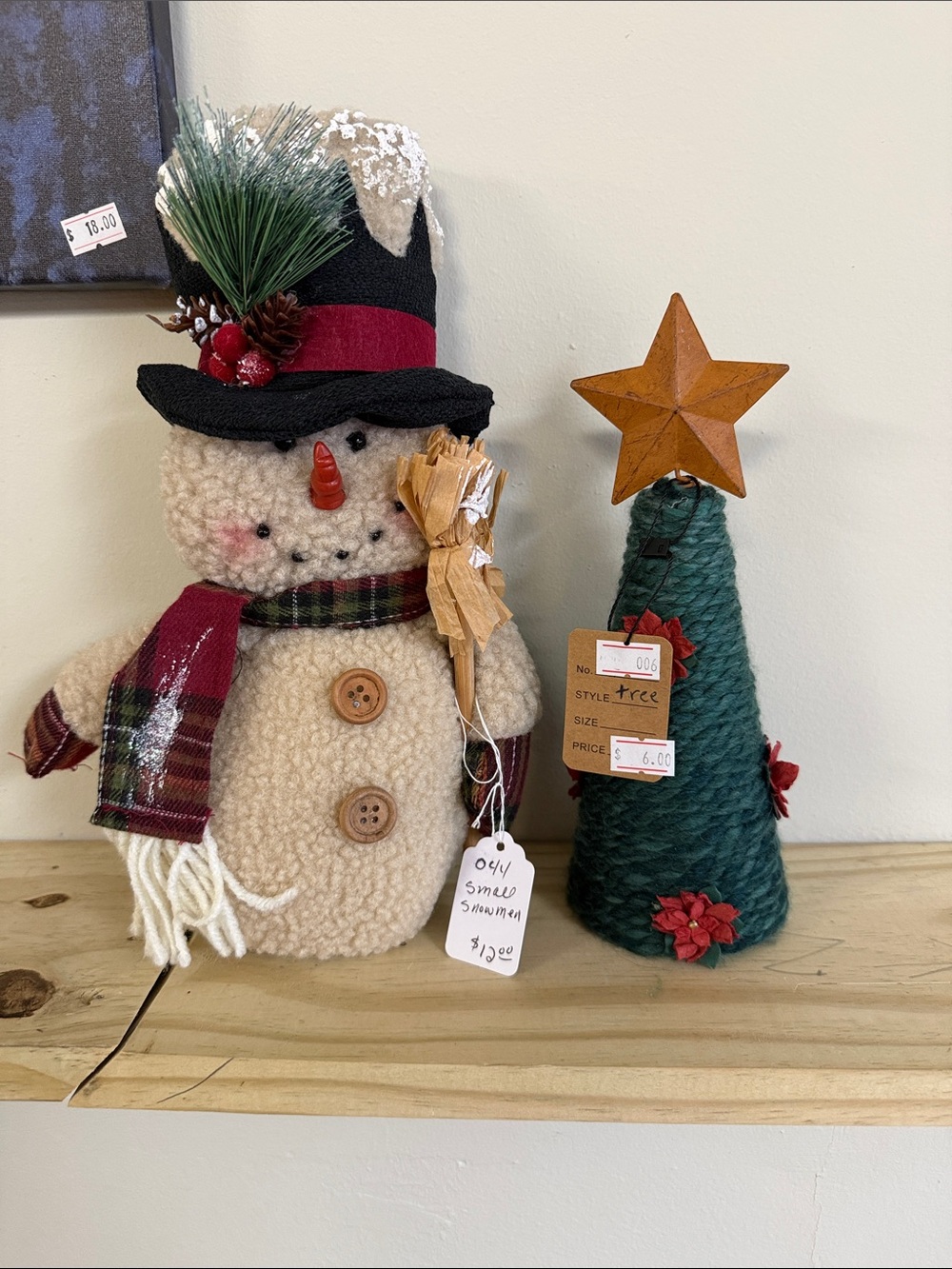 Holiday Snowman Plush Décor with Burgundy Scarf and Black Hat with tree